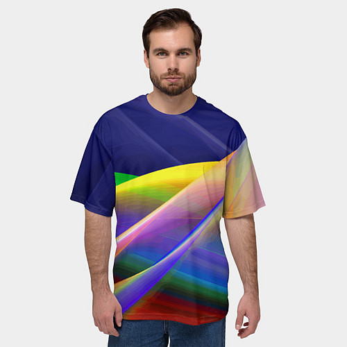 Мужская футболка оверсайз Абстрактная неоновая композиция Волны Abstract neo / 3D-принт – фото 3