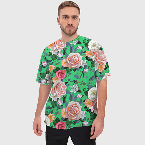 Мужская футболка оверсайз Нежные розы на изумрудном фоне / 3D-принт – фото 3