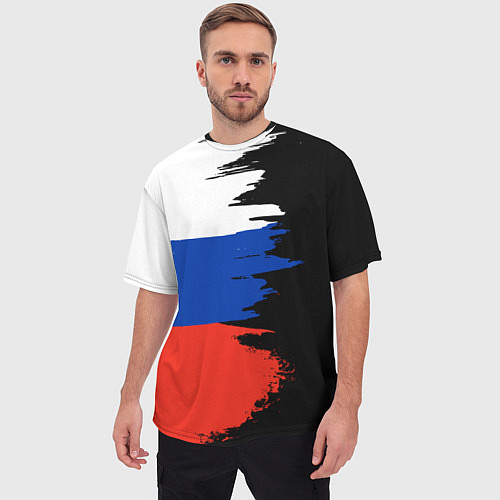 Мужская футболка оверсайз Российский триколор на темном фоне / 3D-принт – фото 3
