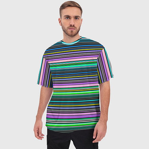 Мужская футболка оверсайз Яркие неоновые тонкие полосы / 3D-принт – фото 3