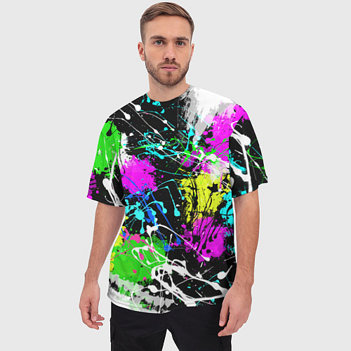 Мужская футболка оверсайз Разноцветные пятна краски на черном фоне / 3D-принт – фото 3
