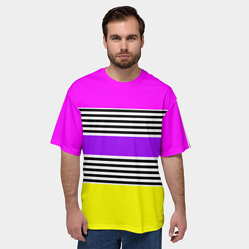 Мужская футболка оверсайз Яркие неоновые полосы в сочетании с черно-белыми п / 3D-принт – фото 3