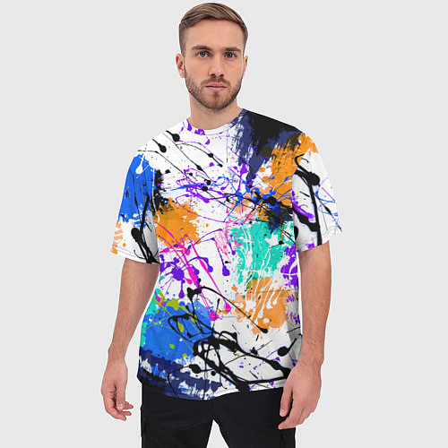 Мужская футболка оверсайз Брызги и мазки разноцветных красок на белом фоне / 3D-принт – фото 3
