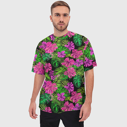 Мужская футболка оверсайз Тропические листья и цветы на черном фоне / 3D-принт – фото 3