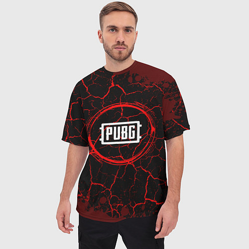 Мужская футболка оверсайз Символ PUBG и краска вокруг на темном фоне / 3D-принт – фото 3