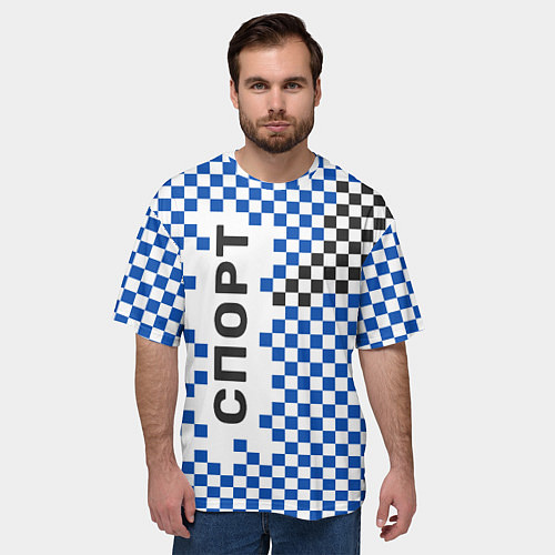 Мужская футболка оверсайз Спорт - бело-сине-чёрный клетчатый вариант / 3D-принт – фото 3