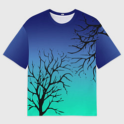 Футболка оверсайз мужская Черные абстрактные ветки деревьев на сине-зеленом, цвет: 3D-принт