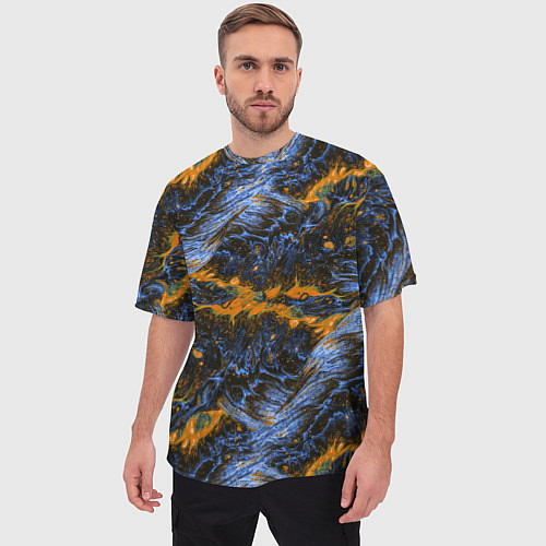 Мужская футболка оверсайз Оранжево-Синяя Вулканическая Лава / 3D-принт – фото 3