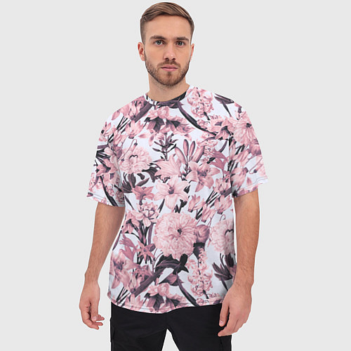 Мужская футболка оверсайз Цветы Розовые Пионы На Светлом Фоне / 3D-принт – фото 3