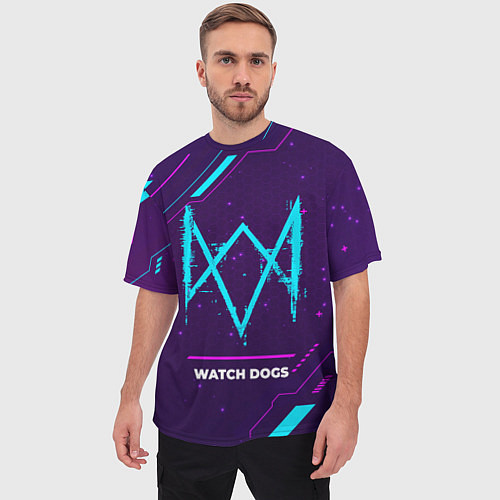 Мужская футболка оверсайз Символ Watch Dogs в неоновых цветах на темном фоне / 3D-принт – фото 3