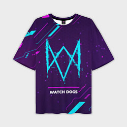 Футболка оверсайз мужская Символ Watch Dogs в неоновых цветах на темном фоне, цвет: 3D-принт