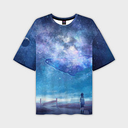 Футболка оверсайз мужская Девочка и космический кит в звёздном небе, цвет: 3D-принт