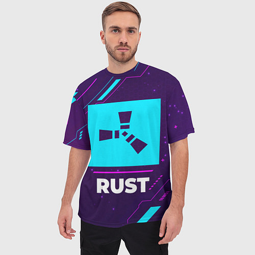Мужская футболка оверсайз Символ Rust в неоновых цветах на темном фоне / 3D-принт – фото 3