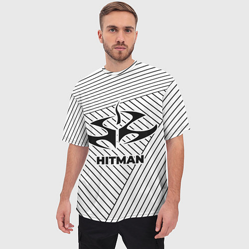 Мужская футболка оверсайз Символ Hitman на светлом фоне с полосами / 3D-принт – фото 3