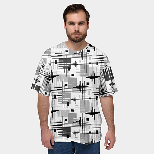 Мужская футболка оверсайз Черно белый ретро геометрический узор / 3D-принт – фото 3