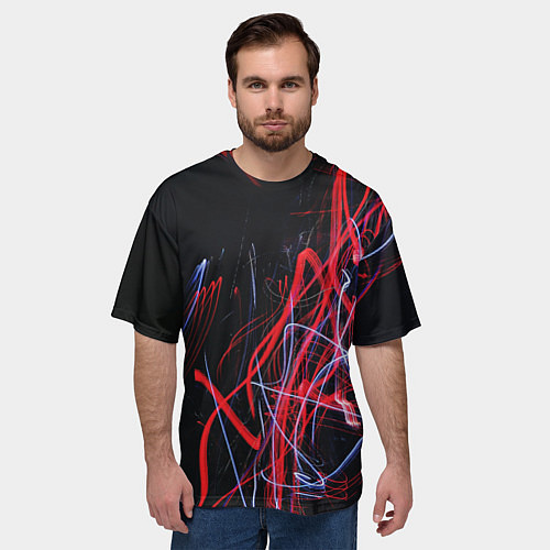 Мужская футболка оверсайз Неоновые лучи в абстракции - Красный и синий / 3D-принт – фото 3