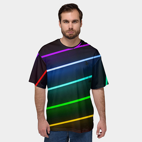 Мужская футболка оверсайз Неоновые разноцветные фонари - Голубой и зелёный / 3D-принт – фото 3