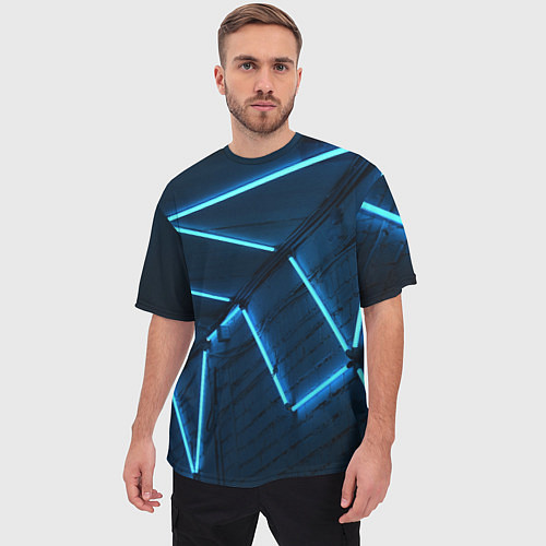 Мужская футболка оверсайз Неоновые лампы и кирпичный эффект - Голубой / 3D-принт – фото 3