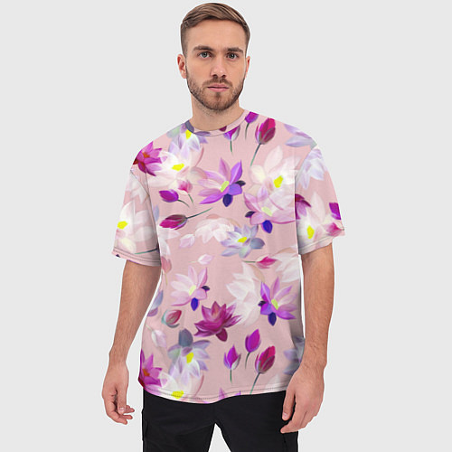 Мужская футболка оверсайз Цветы Разноцветные Лотосы / 3D-принт – фото 3