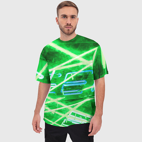 Мужская футболка оверсайз Неоновые лучи и буквы - Зелёный / 3D-принт – фото 3