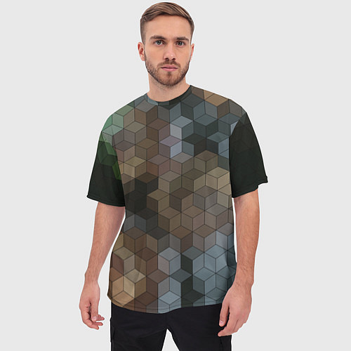 Мужская футболка оверсайз Геометрический 3D узор в серых и коричневых тонах / 3D-принт – фото 3