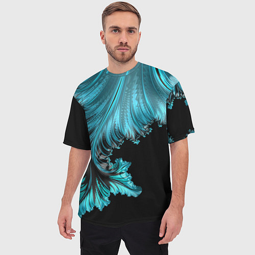 Мужская футболка оверсайз Черный с голубым неоновый фрактал Ледяная абстракц / 3D-принт – фото 3