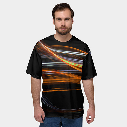 Мужская футболка оверсайз Волнообразные линии неона - Оранжевый / 3D-принт – фото 3