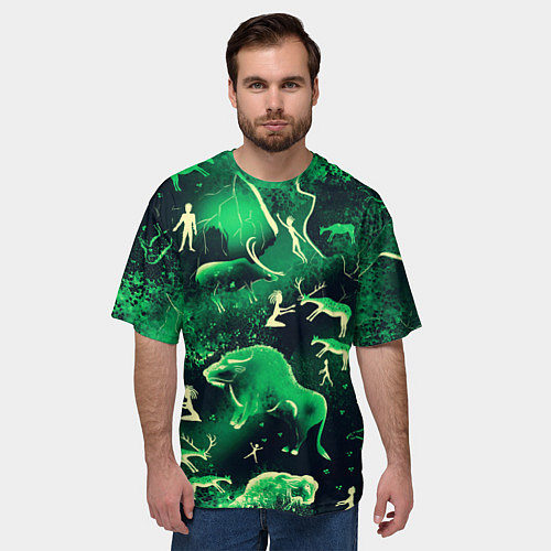 Мужская футболка оверсайз Альтернативная Альтамира зеленая / 3D-принт – фото 3