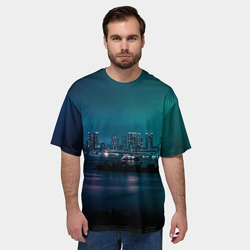 Мужская футболка оверсайз Неоновый город с рекой - Светло-зелёный / 3D-принт – фото 3