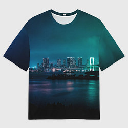 Футболка оверсайз мужская Неоновый город с рекой - Светло-зелёный, цвет: 3D-принт