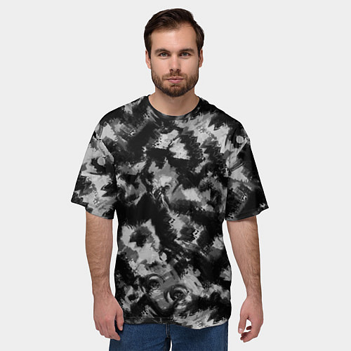 Мужская футболка оверсайз Черно-белый абстрактный камуфляж / 3D-принт – фото 3
