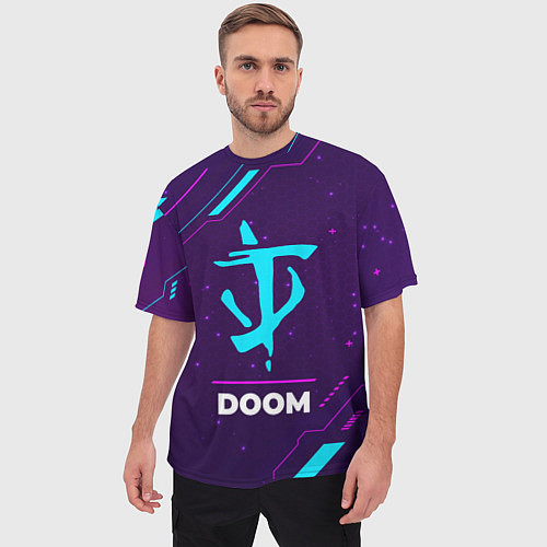 Мужская футболка оверсайз Символ Doom в неоновых цветах на темном фоне / 3D-принт – фото 3