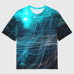 Мужская футболка оверсайз Неоновые волны и линии - Голубой
