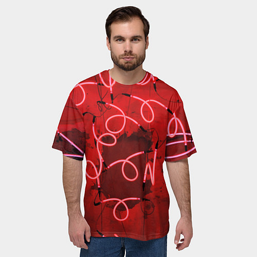 Мужская футболка оверсайз Неоновые закрученные фонари - Красный / 3D-принт – фото 3