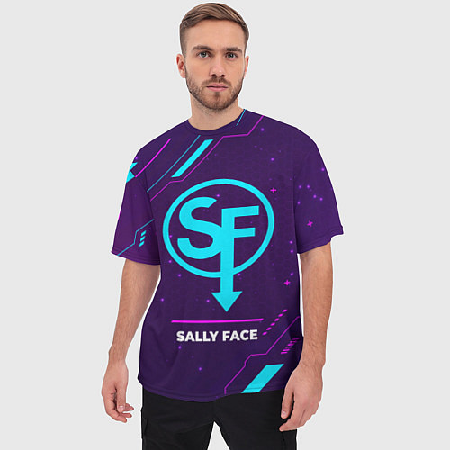 Мужская футболка оверсайз Символ Sally Face в неоновых цветах на темном фоне / 3D-принт – фото 3