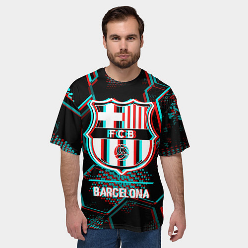 Мужская футболка оверсайз Barcelona FC в стиле Glitch на темном фоне / 3D-принт – фото 3