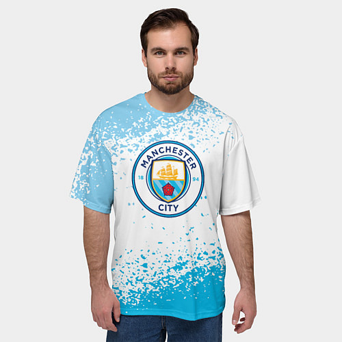 Мужская футболка оверсайз Manchester голубые брызги на белом фоне / 3D-принт – фото 3
