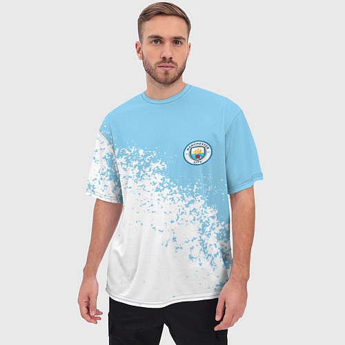 Мужская футболка оверсайз Manchester city белые брызги на голубом фоне / 3D-принт – фото 3