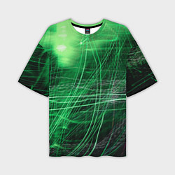 Футболка оверсайз мужская Неоновые волны и линии - Зелёный, цвет: 3D-принт