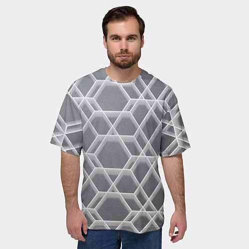 Мужская футболка оверсайз Белые неоновые соты / 3D-принт – фото 3