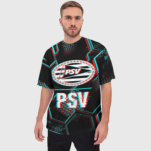 Мужская футболка оверсайз PSV FC в стиле Glitch на темном фоне / 3D-принт – фото 3