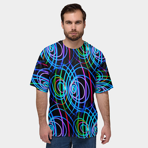 Мужская футболка оверсайз Неоновые круги и линии - Голубой / 3D-принт – фото 3
