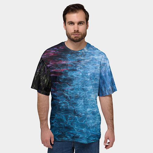 Мужская футболка оверсайз Неоновые волны на воде - Синий / 3D-принт – фото 3