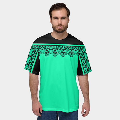 Мужская футболка оверсайз Черные кружева на ярком неоновом зеленом фоне lace / 3D-принт – фото 3