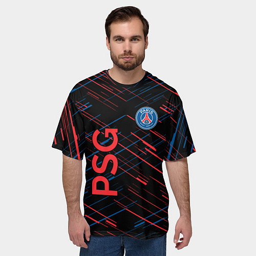 Мужская футболка оверсайз Psg красные синие чёрточки / 3D-принт – фото 3