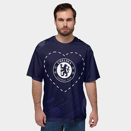 Мужская футболка оверсайз Лого Chelsea в сердечке на фоне мячей / 3D-принт – фото 3