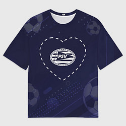Футболка оверсайз мужская Лого PSV в сердечке на фоне мячей, цвет: 3D-принт