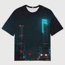 Футболка оверсайз мужская Неоновые высотки в городе - Светло-синий, цвет: 3D-принт