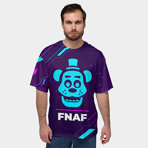 Мужская футболка оверсайз Символ FNAF в неоновых цветах на темном фоне / 3D-принт – фото 3