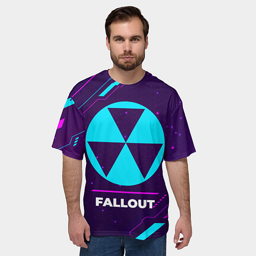 Мужская футболка оверсайз Символ Fallout в неоновых цветах на темном фоне / 3D-принт – фото 3